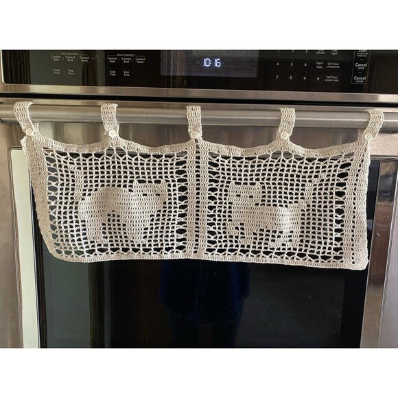 Cute Kitties Handmade Crochet Grey Short Curtain Valance Panels 100% Cotton - Picture 1 of 7